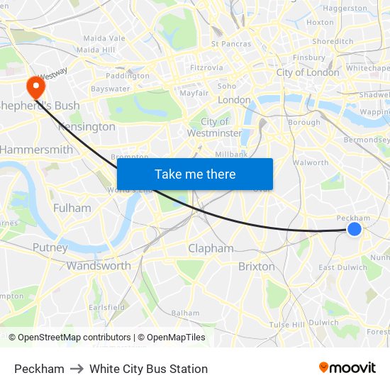 Peckham to White City Bus Station map