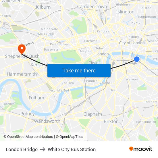 London Bridge to White City Bus Station map