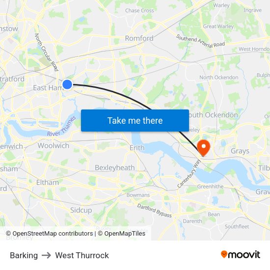 Barking to West Thurrock map