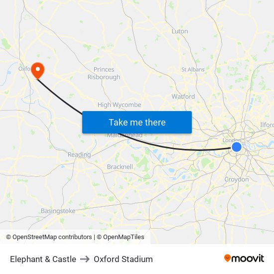 Elephant & Castle to Oxford Stadium map
