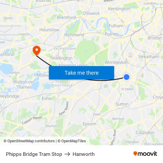 Phipps Bridge Tram Stop to Hanworth map