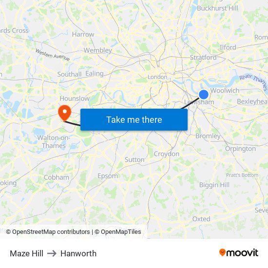 Maze Hill to Hanworth map