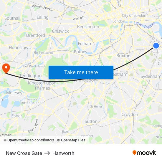 New Cross Gate to Hanworth map