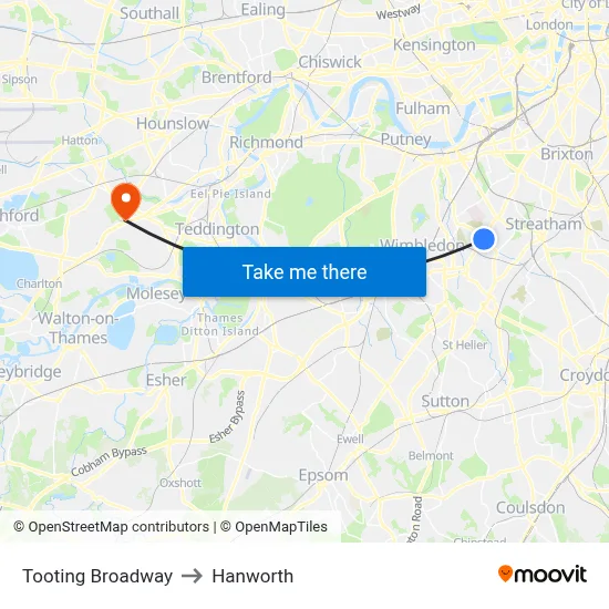 Tooting Broadway to Hanworth map