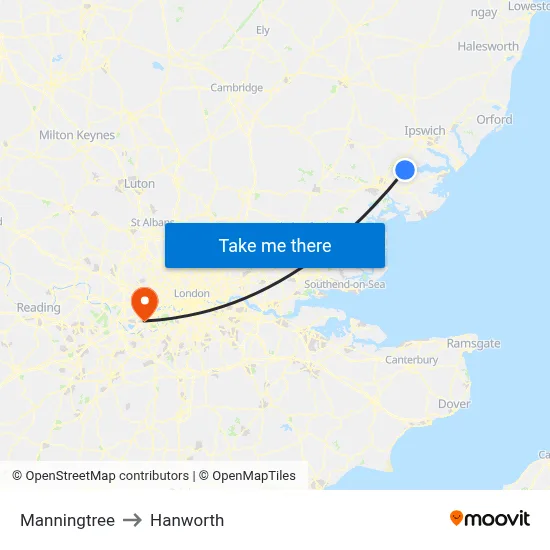 Manningtree to Hanworth map