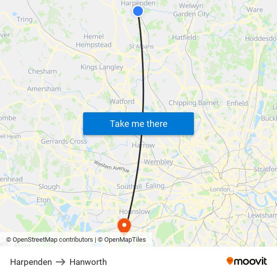 Harpenden to Hanworth map