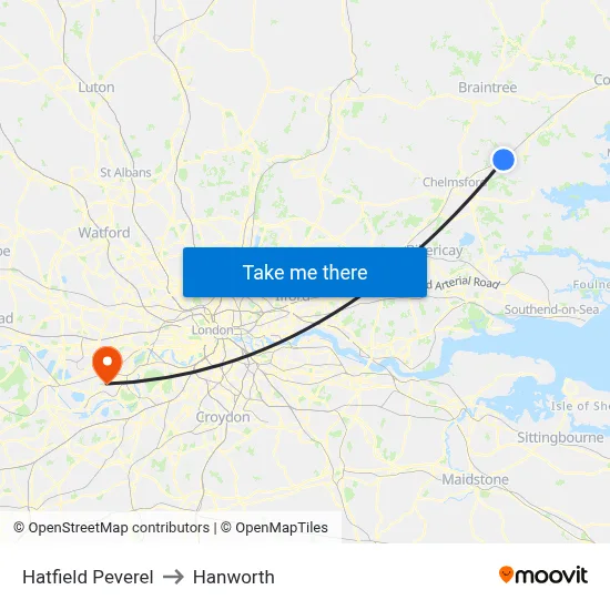 Hatfield Peverel to Hanworth map
