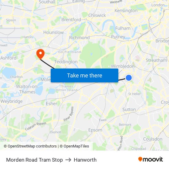 Morden Road Tram Stop to Hanworth map