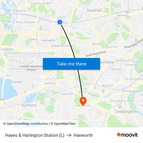 Hayes & Harlington Station to Hanworth map