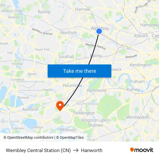 Wembley Central Station (CN) to Hanworth map
