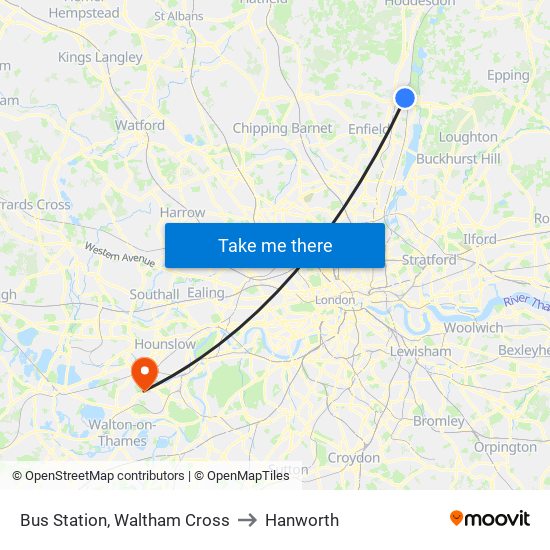 Bus Station, Waltham Cross to Hanworth map