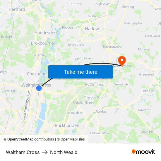 Waltham Cross to North Weald map