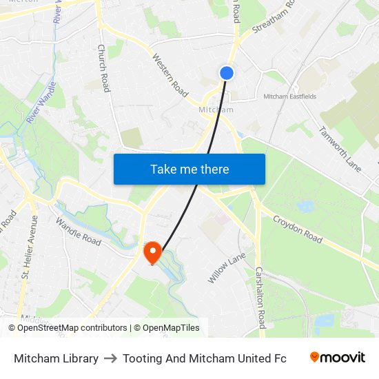 Mitcham Library to Tooting And Mitcham United Fc map