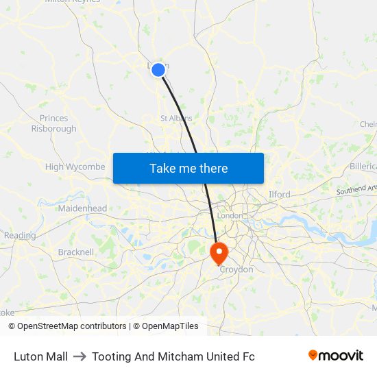 Luton Mall to Tooting And Mitcham United Fc map