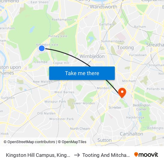 Kingston Hill Campus, Kingston University to Tooting And Mitcham United Fc map