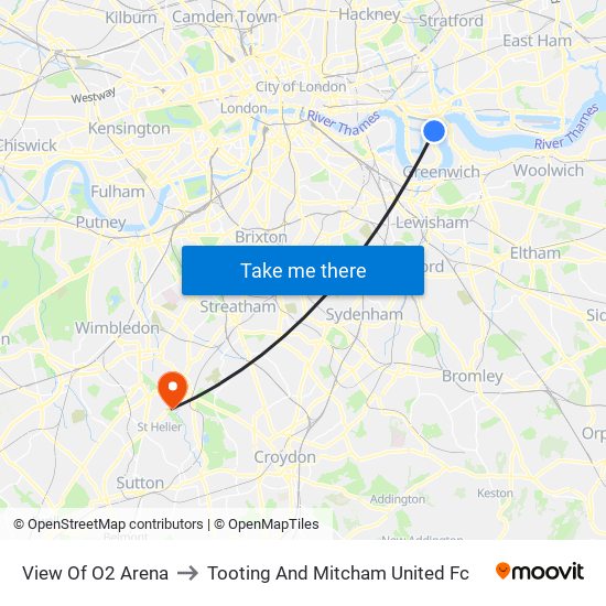 View Of O2 Arena to Tooting And Mitcham United Fc map