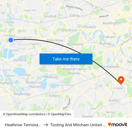 Heathrow Terminal 5 to Tooting And Mitcham United Fc map