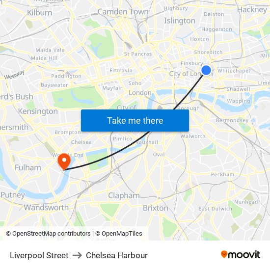 Liverpool Street to Chelsea Harbour map