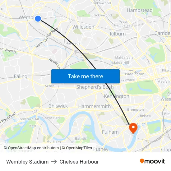 Wembley Stadium to Chelsea Harbour map