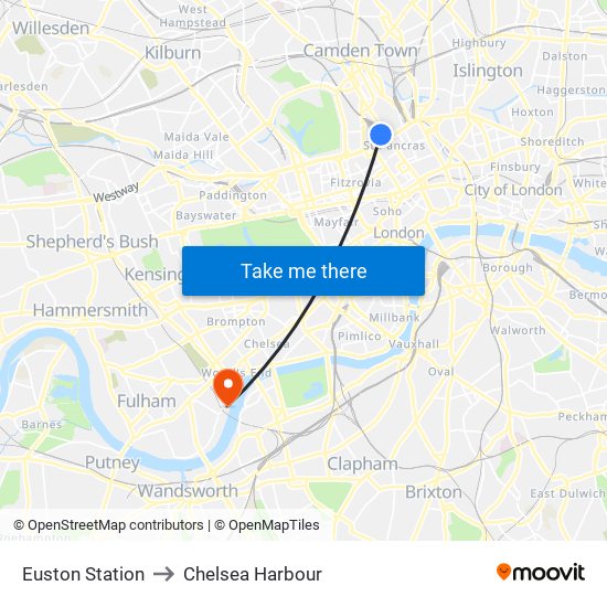 Euston Station to Chelsea Harbour map