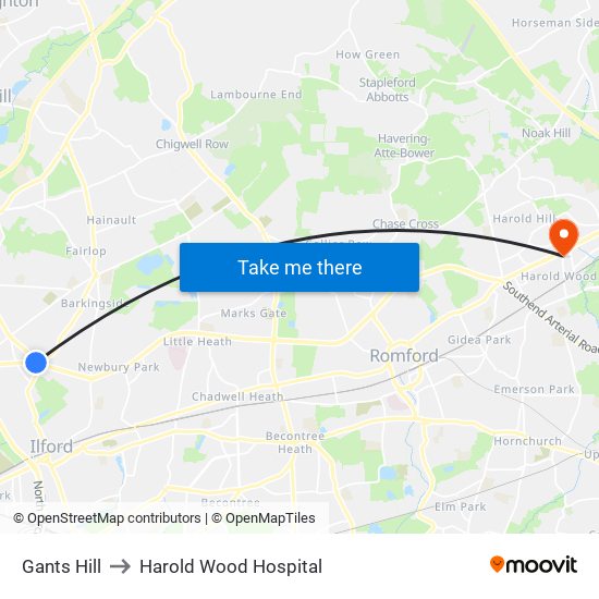 Gants Hill to Harold Wood Hospital map
