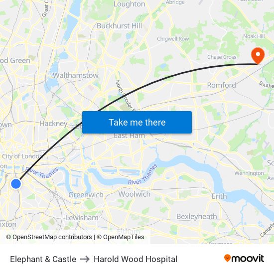Elephant & Castle to Harold Wood Hospital map