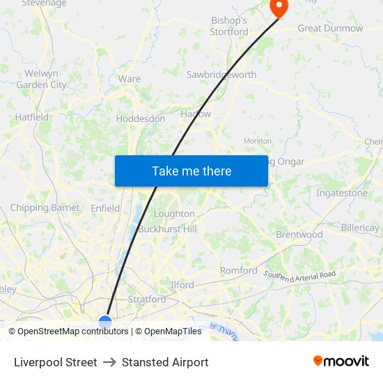 Liverpool Street to Stansted Airport map