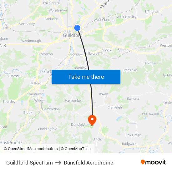 Guildford Spectrum to Dunsfold Aerodrome map