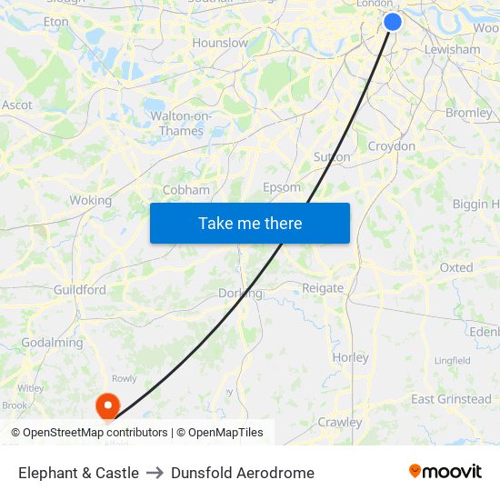 Elephant & Castle to Dunsfold Aerodrome map