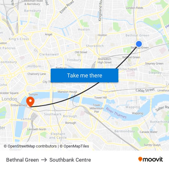 Bethnal Green to Southbank Centre map