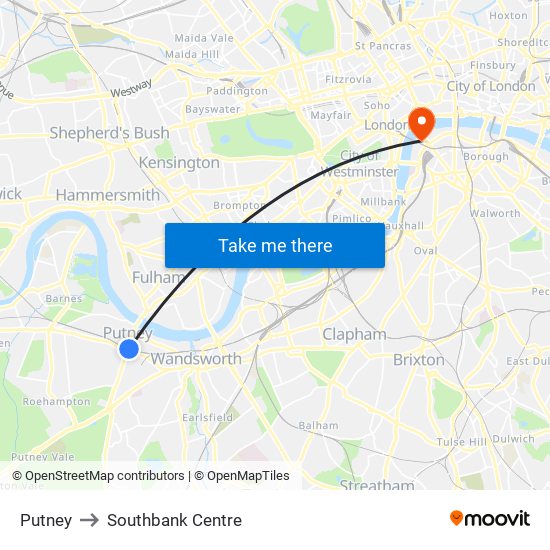 Putney to Southbank Centre map