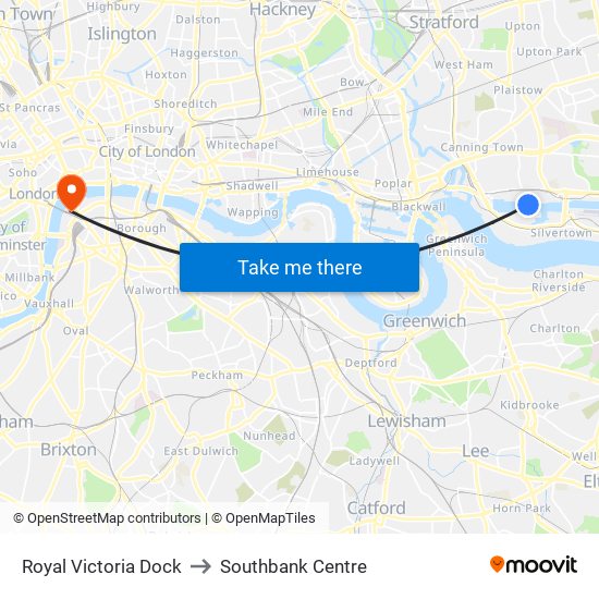 Royal Victoria Dock to Southbank Centre map