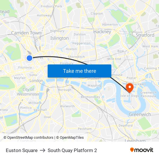 Euston Square to South Quay Platform 2 map