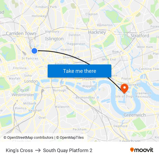 King's Cross to South Quay Platform 2 map