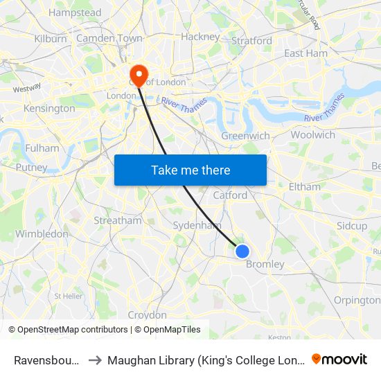 Ravensbourne to Maughan Library (King's College London) map
