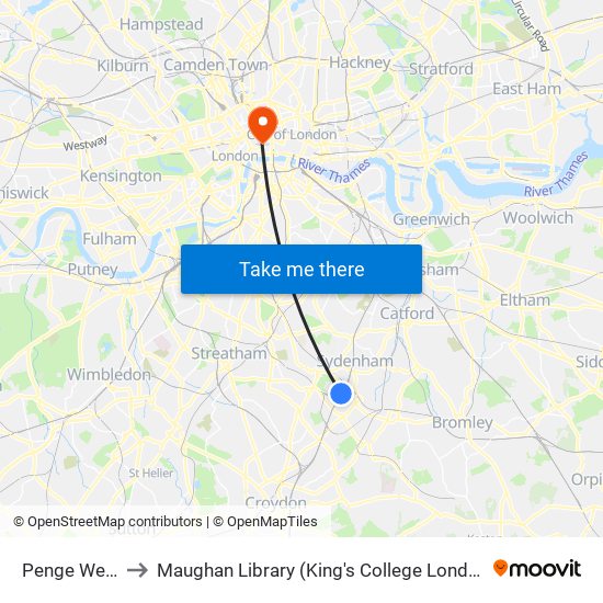 Penge West to Maughan Library (King's College London) map