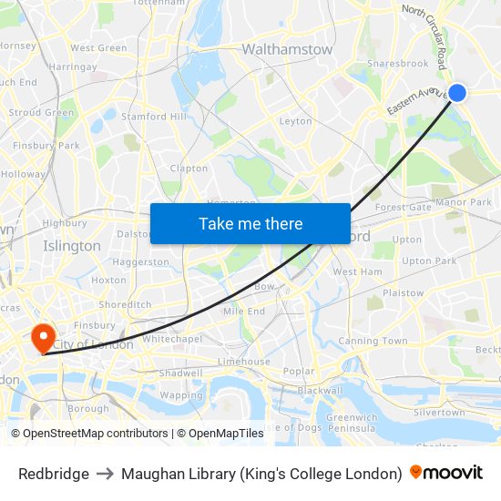 Redbridge to Maughan Library (King's College London) map