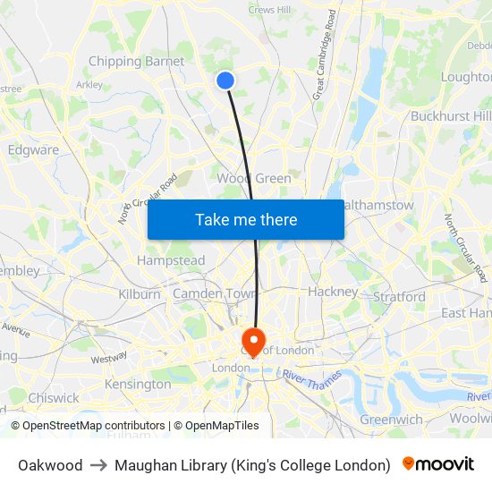 Oakwood to Maughan Library (King's College London) map