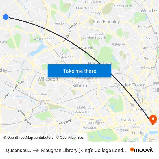 Queensbury to Maughan Library (King's College London) map