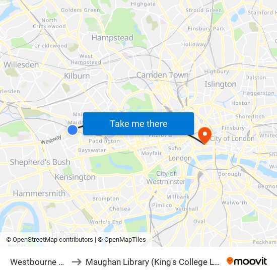 Westbourne Park to Maughan Library (King's College London) map