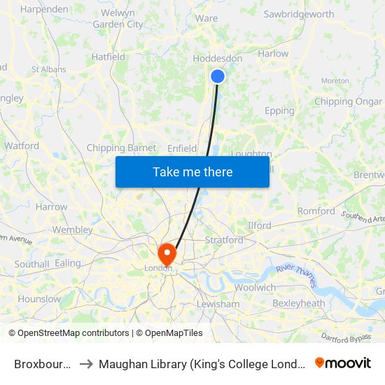 Broxbourne to Maughan Library (King's College London) map