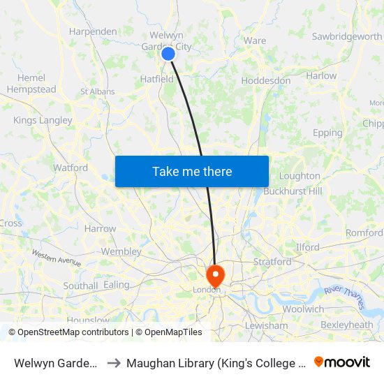 Welwyn Garden City to Maughan Library (King's College London) map