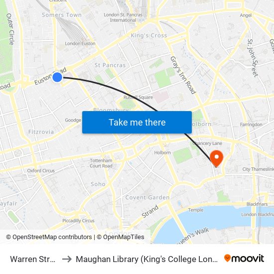 Warren Street to Maughan Library (King's College London) map