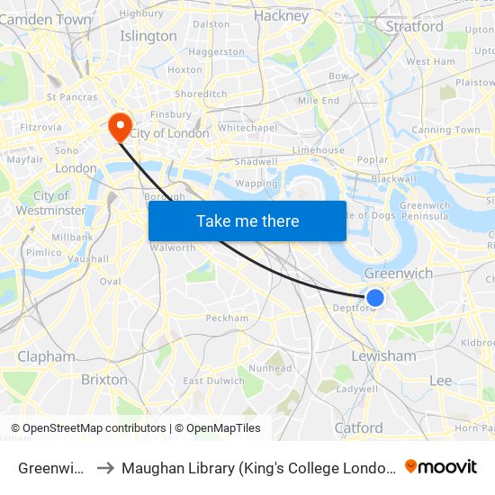 Greenwich to Maughan Library (King's College London) map