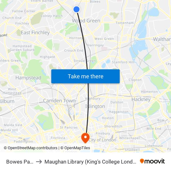 Bowes Park to Maughan Library (King's College London) map