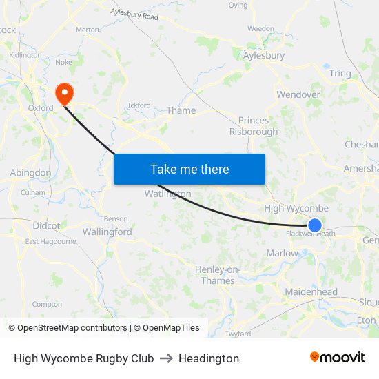 High Wycombe Rugby Club to Headington map