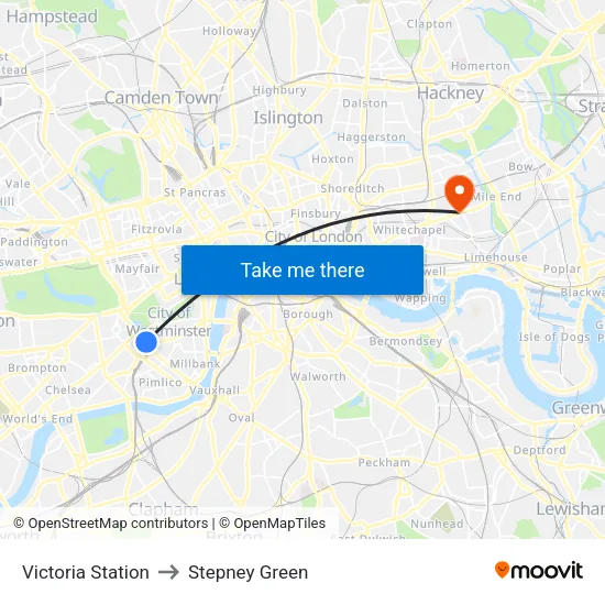 Victoria Station to Stepney Green map