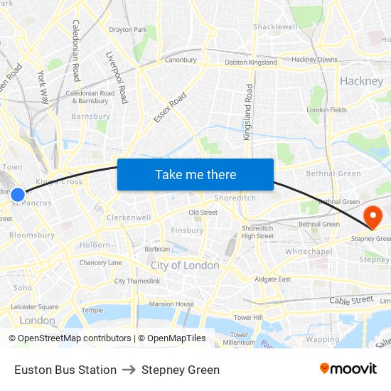 Euston Bus Station to Stepney Green map