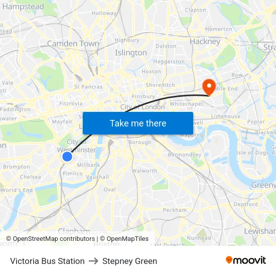 Victoria Bus Station to Stepney Green map