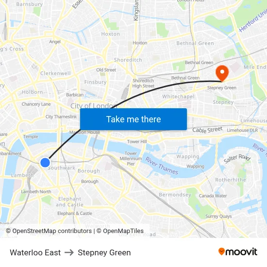 Waterloo East to Stepney Green map